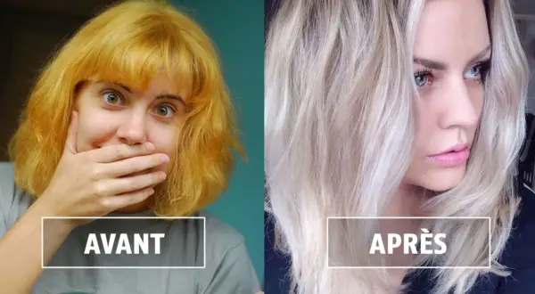 Avant/après : cheveux jaunes orangés transformés en blond platine grâce à un shampoing violet.
