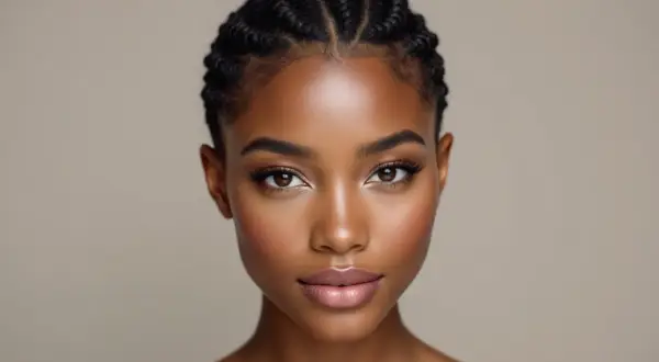 Visage d'une jeune femme à la peau foncée, maquillage subtil, et une tresse cheveux très court sur le dessus de la tête.