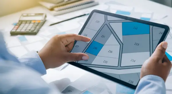 Une personne examine un plan de parcelle sur une tablette, calculant peut-être combien coûte une permanente pour un projet.