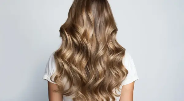 Chevelure ondulée aux reflets blonds, avec des racines subtilement éclaircir ses racines avec une patine pour un effet naturel et lumineux.