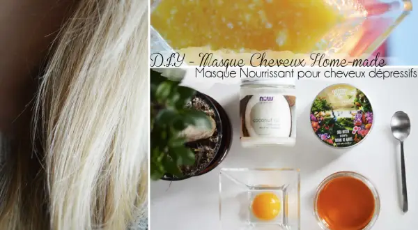 Cheveux blonds soyeux, ingrédients pour le meilleur masque cheveux secs et abîmés maison : huile de coco, beurre de karité, œuf.