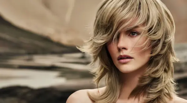 Une femme au regard intense arbore une coupe long dessus court côté, ses cheveux blonds encadrant son visage avec légèreté.