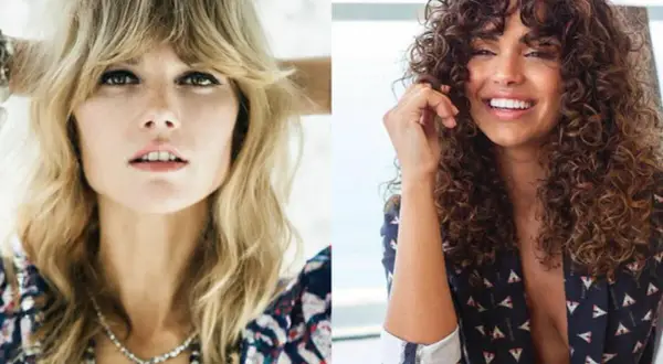 Deux femmes, l'une avec une coiffure shaggy blonde et l'autre avec des boucles brunes, sourient.