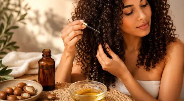 Une femme applique de l'huile d'argan sur ses cheveux bouclés. Des amandes d'argan et une fiole d'huile sont visibles.