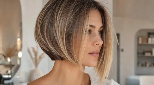 Une femme arbore un carré court dégradé, ses cheveux fins encadrant son visage avec douceur.