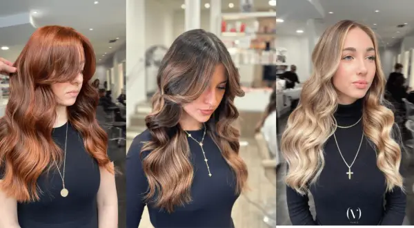 Trois femmes arborent des chevelures magnifiques : un carré flou wavy roux, un carré flou wavy brun avec reflets, et un carré flou wavy blond.