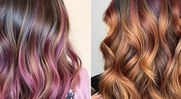 Chevelure brune avec des mèches roses et violettes subtiles, et une autre chevelure aux reflets cuivrés et auburn, avec des mèches 2 couleurs différentes.