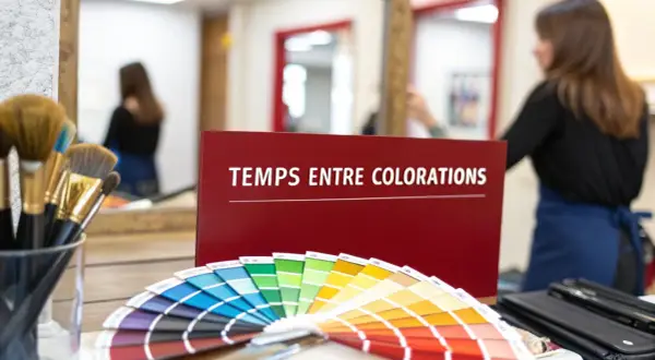 Un éventail de couleurs de cheveux et un panneau "Temps entre colorations sans ammoniaque" dans un salon de coiffure.