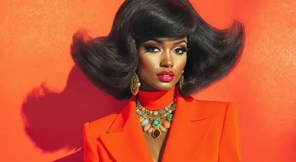 Une femme arbore une coiffure année 70 volumineuse et des bijoux éclatants, vêtue d'un blazer orange vif sur fond orange.