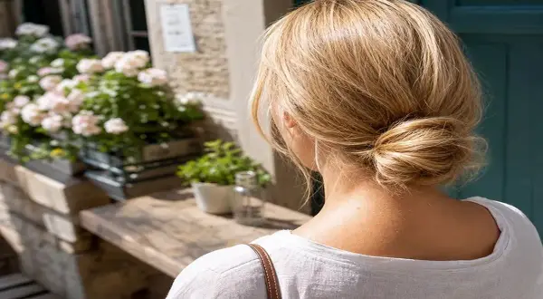Coiffure été cheveux long : un chignon flou et décontracté, parfait pour les journées chaudes.