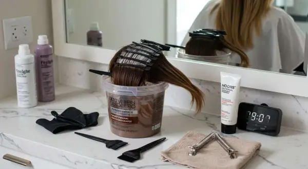 Préparation pour une coloration. On voit des produits capillaires, des pinceaux, des pinces et un mannequin de chevelure. Peut-on mélanger de l'oxydant 10 et 20 ?