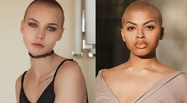 Deux femmes, une blonde et une brune, affichent une coupe rasee audacieuse, chacune avec son style unique.