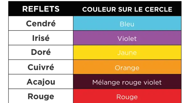 Tableau de colorimétrie en coiffure : reflets cendrés (bleu), irisés (violet), dorés (jaune), cuivrés (orange), acajou (mélange rouge violet) et rouges.