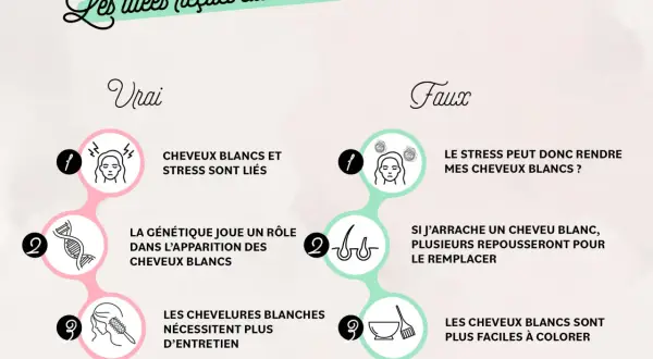 Infographie sur les idées reçues sur les cheveux blancs. Le point 9 sous "Faux" indique que la coloration favorise les cheveux blancs, ce qui est faux.