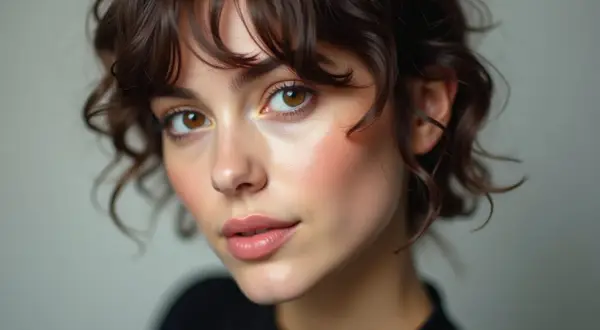 Visage de jeune femme aux cheveux bruns ondulés, coiffés en un léger **comb over** sur le front.