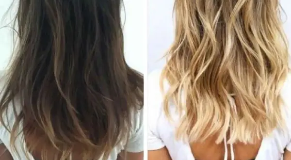 Avant/après : décoloration cheveux bruns en blond lumineux. Le résultat est une chevelure plus claire et ensoleillée.