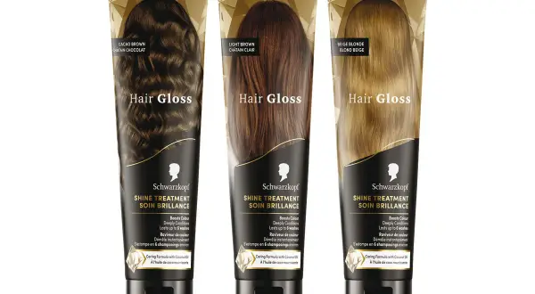 Trois tubes de "Hair Gloss" Schwarzkopf : brun cacao, châtain clair et blond beige. Pour une patine gloss éclatante et des cheveux soignés.