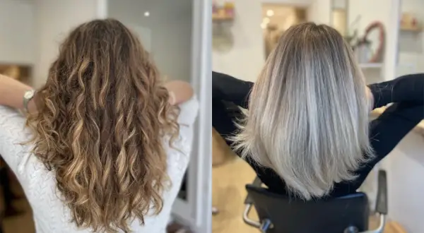 Avant/après : cheveux bouclés châtains transformés en lissés blonds. Un changement radical pour un nouveau look. Le prix patine coiffeur est justifié par ce résultat.