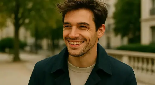 Un homme souriant arbore une coupe coiffé décoiffé homme, décontractée et moderne, dans un cadre urbain verdoyant.