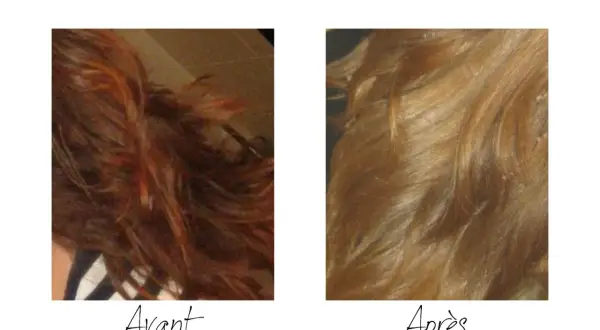 Avant : cheveux roux flamboyants. Après : une transformation réussie pour passer du roux au blond cendré, plus doux et lumineux.
