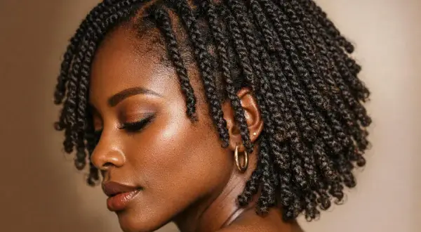Une femme avec une tresse serrée et une boucle d'oreille dorée.
