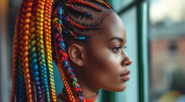 Profil d'une femme aux tresses arc-en-ciel vibrantes, un style audacieux qui capture l'essence de la beauté et de l'individualité.