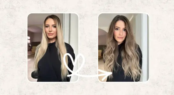 Avant/après : balayage subtil pour cacher les cheveux blancs sur une brune, apportant profondeur et lumière.