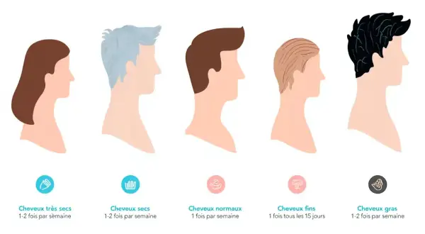 Cinq profils capillaires illustrent la fréquence idéale d'application d'un masque cheveux : secs, normaux, gras, très secs et fins.
