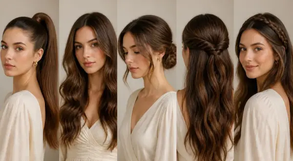 Coiffure soirée cheveux long : queue de cheval haute, ondulations, chignon bas, torsades et tresse.