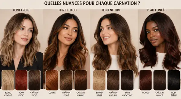 Guide de colorimétrie cheveux : 4 carnations (froide, chaude, neutre, foncée) avec des exemples de teintes capillaires pour chaque type de peau.