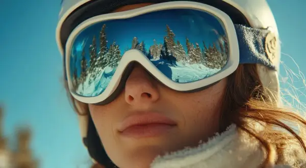 Reflet des sapins enneigés dans les lunettes d'une skieuse. Une coiffure pour le ski parfaite pour admirer le paysage.