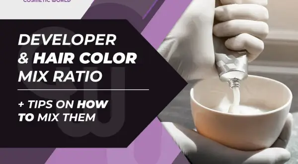 Mélange de coloration et de révélateur. Mains gantées versant le révélateur dans un bol pour le mélange. Le bon dosage révélateur coloration est essentiel.