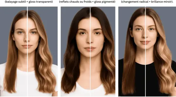 Trois femmes aux cheveux de différentes couleurs et intensités, montrant les effets d'un gloss.
