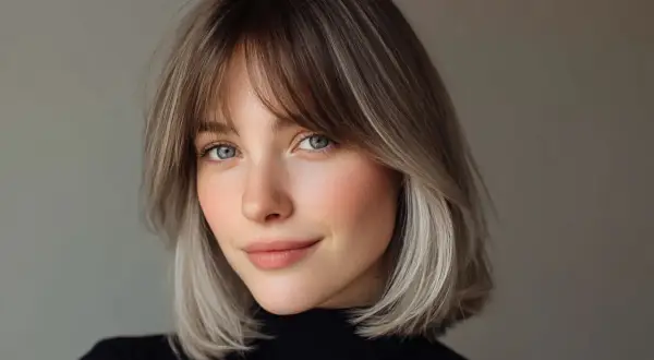 Jeune femme au regard bleu perçant, sa coupe de cheveux avec une meche rideau met en valeur son visage doux.