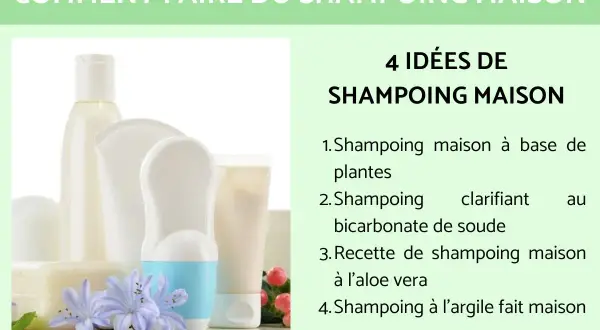 4 idées de shampoing maison, dont un shampoing clarifiant au bicarbonate de soude, présentées avec des flacons et des fleurs.