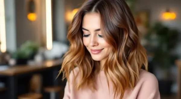Une femme souriante avec une belle coloration sans effet racine, ses cheveux châtain clair se fondent harmonieusement en reflets miel.