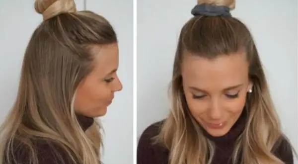 Coiffure facile à faire seule : un chignon double sur le dessus de la tête, avec les cheveux mi-longs lâchés.