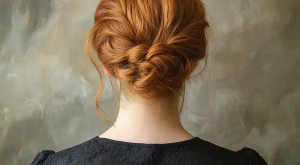 Un chignon cheveux bouclés roux, tressé avec élégance, orne la nuque d'une femme portant une robe noire en dentelle.