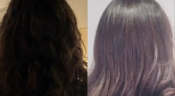 Avant/après : cheveux ternes et frisés transformés en une chevelure lisse et brillante grâce au soin botox cheveux.