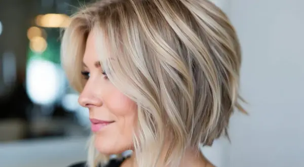 Une femme arbore un balayage cheveux court, avec des mèches blondes et châtain clair qui illuminent sa coupe dégradée.