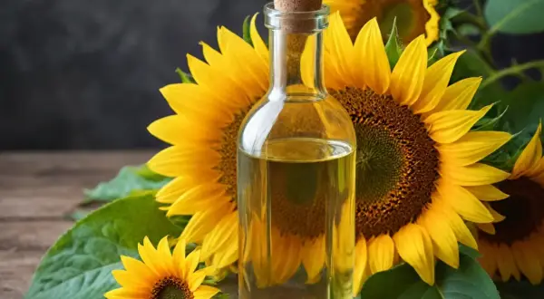 Bouteille d'huile de tournesol dorée, entourée de tournesols éclatants. Un ingrédient naturel pour des cheveux brillants et nourris.