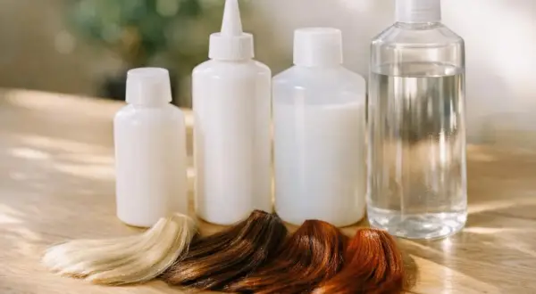 Échantillons de cheveux blonds, bruns et roux devant des bouteilles, prêts pour une coloration avec un oxydant.