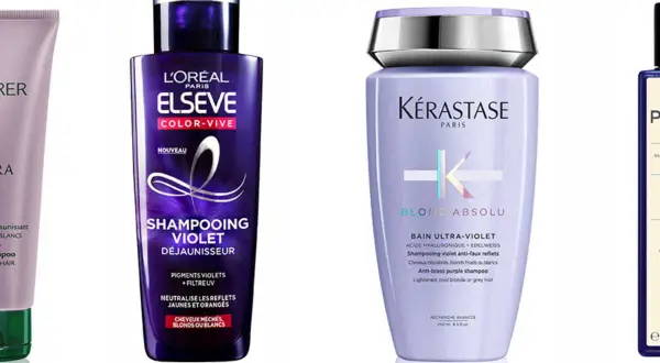 Trois flacons de shampoing violet ou bleu pour cheveux blonds, méchés ou blancs.