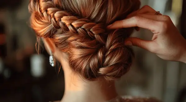 Un chignon haut avec tresse, une coiffure élégante et sophistiquée, orne la chevelure d'une femme. Une main ajuste délicatement la tresse.
