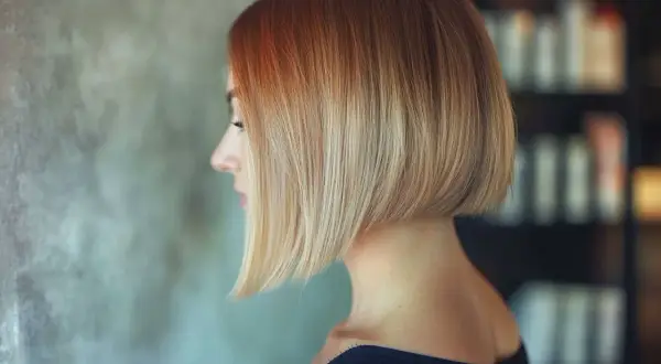 Profil d'une femme avec un carré très court derrière, dégradé du roux au blond.