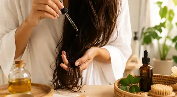 Application d'un sérum capillaire pour une recette bain d'huile cheveux pousse. Huiles naturelles et peigne en bois.