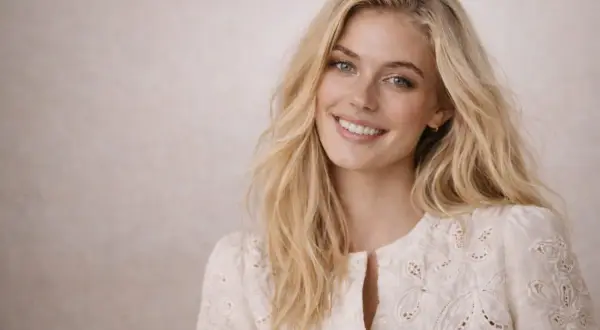 Une jeune femme souriante aux cheveux blonds avec un balayage subtil, portant une blouse blanche brodée.