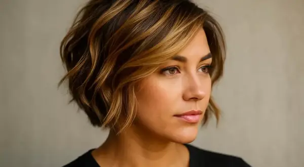 Une femme avec un carré ondulé et des mèches sur cheveux très courts, mettant en valeur son regard.