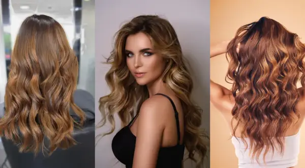 Trois vues de cheveux ondulés aux reflets subtils de mèches blondes et caramel, apportant profondeur et éclat.