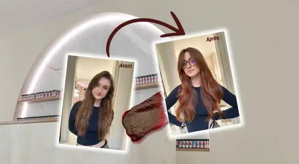 Avant/Après : une jeune femme aux cheveux châtains obtient une coloration fugace, des mèches rousses éclatantes.